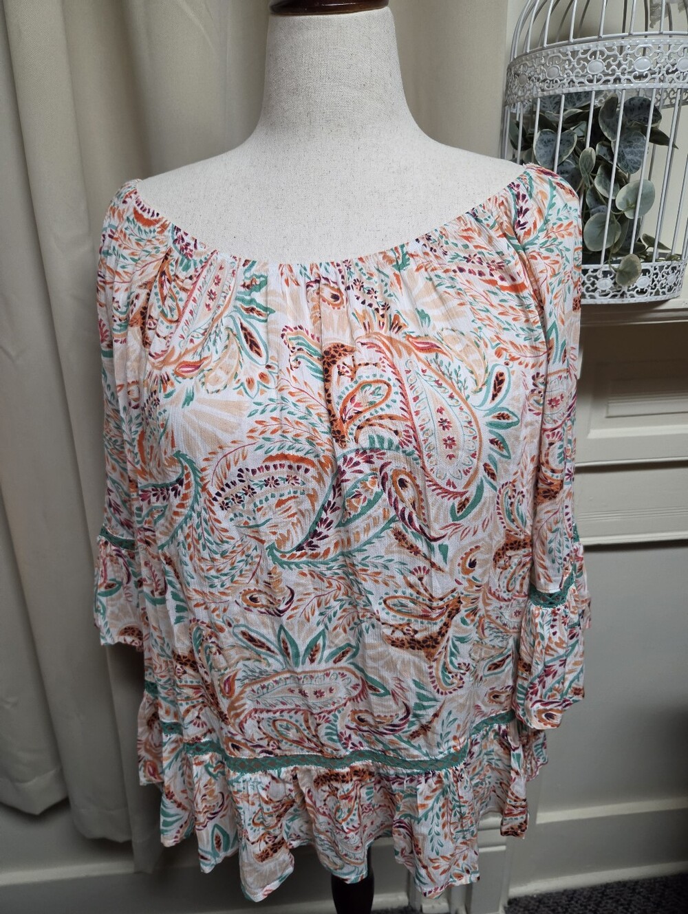 Boho Off-Shoulder Paisley Peasant Top - White with Teal & Coral Size XL